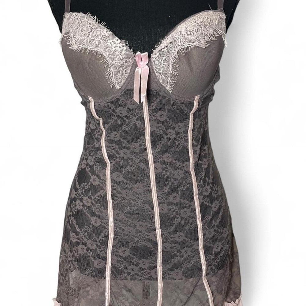 brown and pink coquette lace lingerie babydoll slip with cutie bow detailing